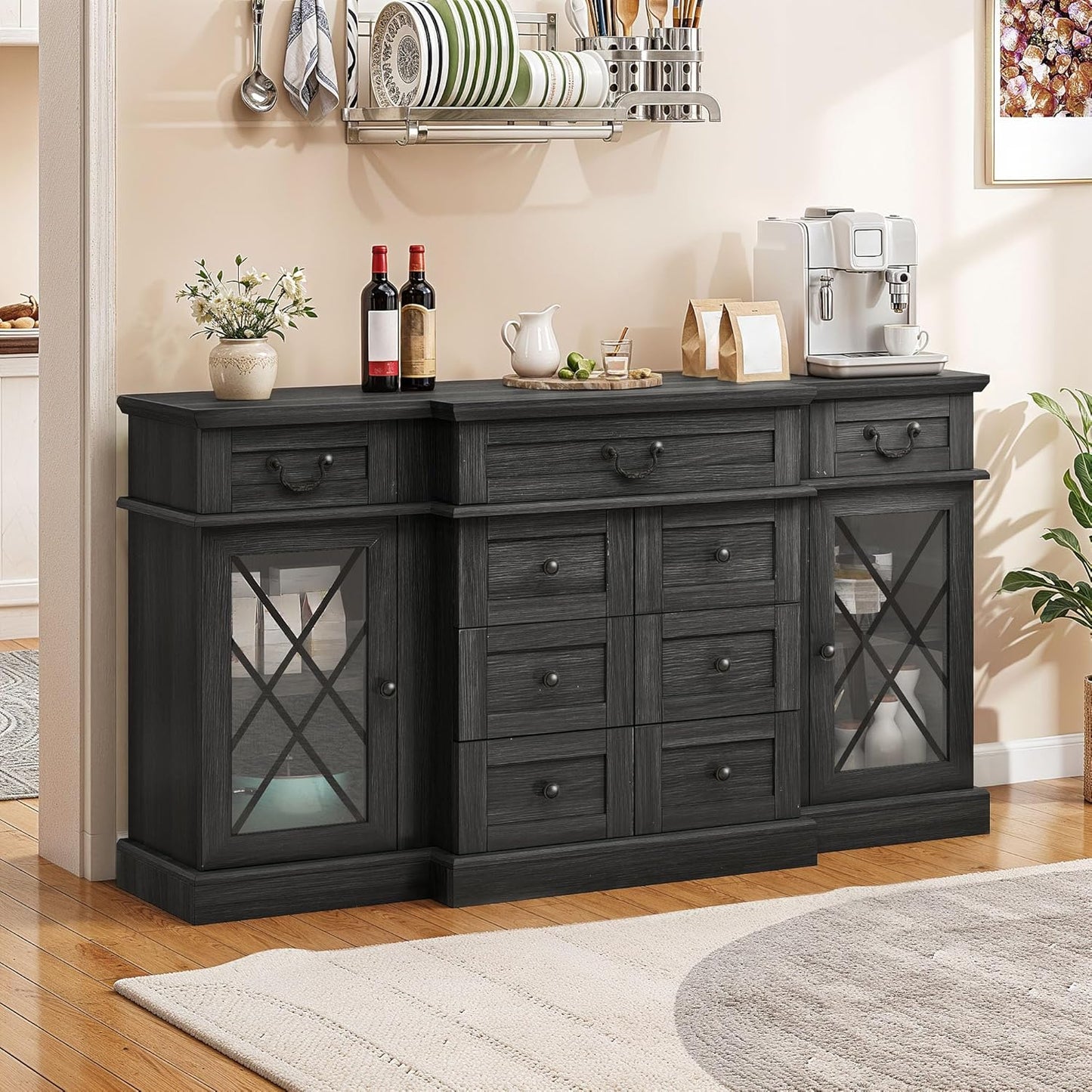 YITAHOME Television Stand for 65/55 Inch TV, Farmhouse TV Stand with 9 Drawers, Adjustable Shelves and Tempered Glass Doors, Entertainment Center TV Media Console for Living Room, Dark Grey