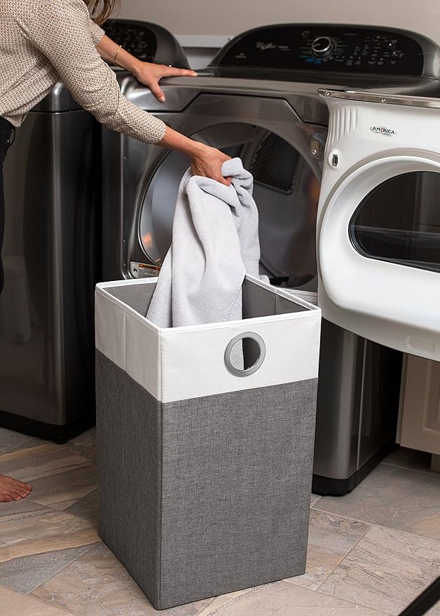 BIRDROCK HOME Folding Cloth Laundry Hamper with Handles - Dirty Clothes Sorter - Easy Storage - Collapsible - Grey and White