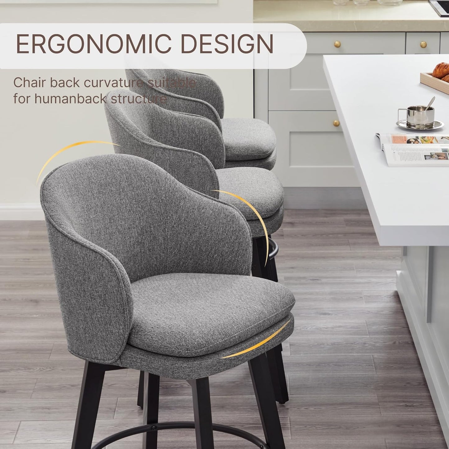 Counter Height Barstools 26 inch Upholstered Swivel Bar Stools with Back and Wood Legs for Kitchen Island,Set of 1,Dark Grey Fabric