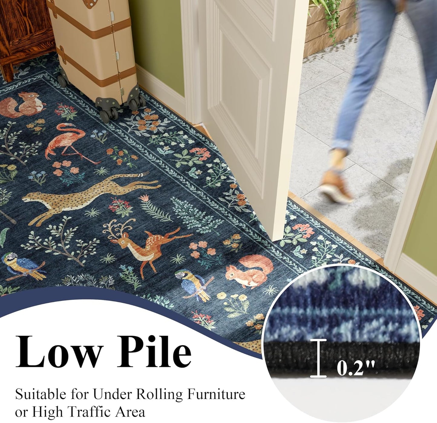 DUKINO 9x12 Rug, Washable Animal Living Room Rug with Non Slip Vintage Design, Soft Low Pile Large Carpet for Bedroom, Nursery, Dining Room, Farmhouse, Playroom, Navy Blue