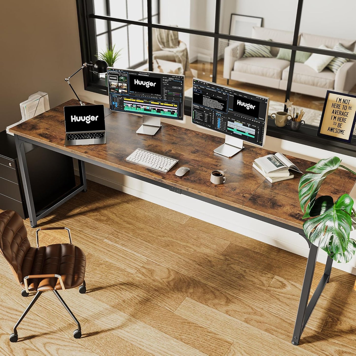 Huuger Computer Desk, 80 Inch Office Desk, Gaming Desk with Storage, Writing Desk Work Desk for Home Office, Study, Long Simple Desk, Large Legroom, Metal Frame, Rustic Brown