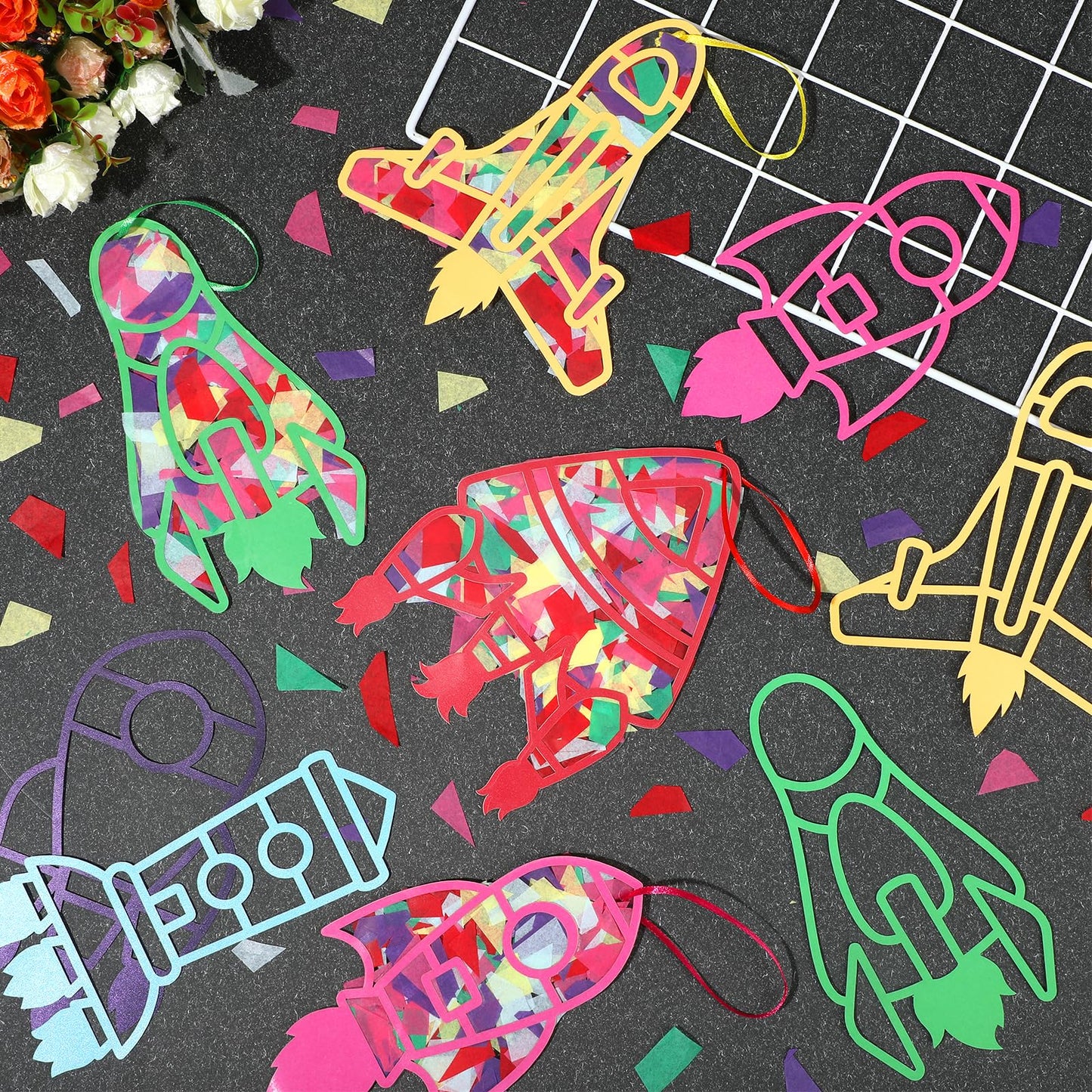 Peconal 24 Sets Rocket Suncatchers Craft Kit DIY Space Rocket Themed Stained Glass Effect Window Tissue Paper Art Hanging Decor for Boys Girls Birthday Gifts Unique Designs Bulk Party Favors Supplies