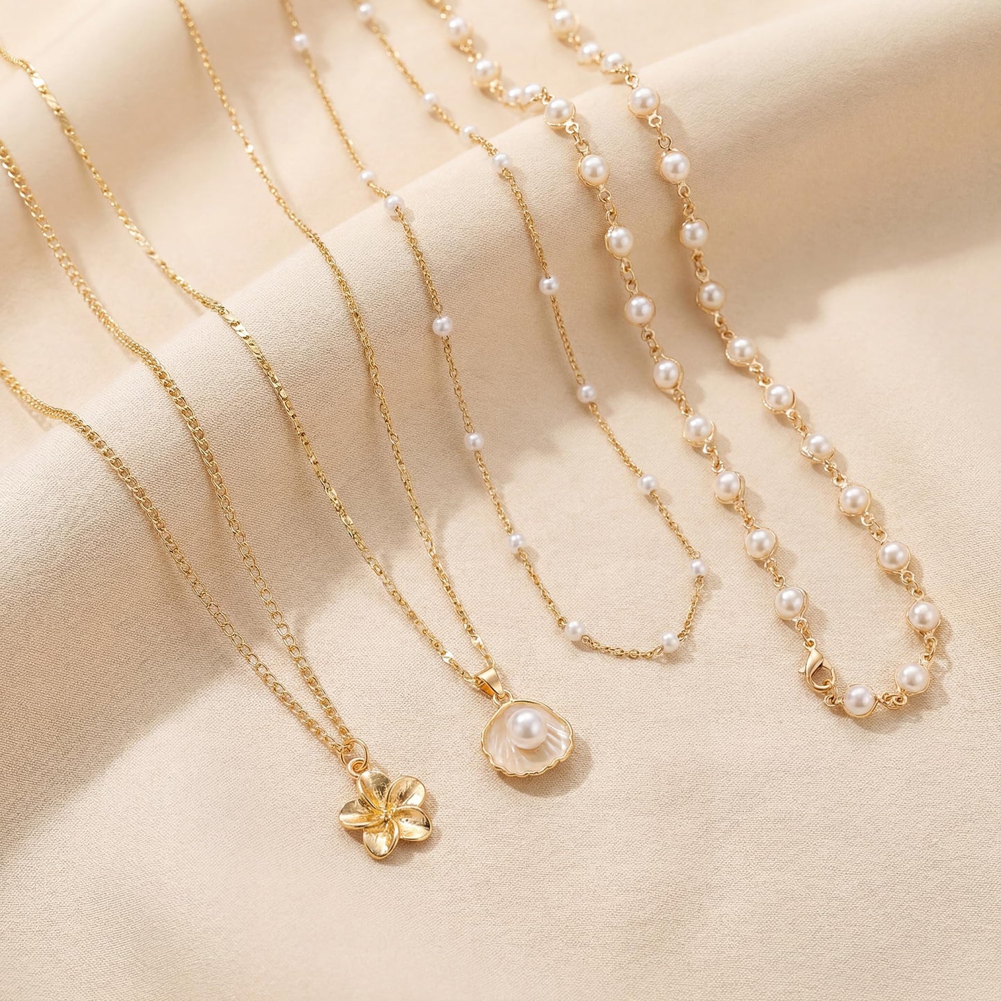 Shell Starfish Necklace for Women, Gold Plated Boho Layered Pendant Necklace with Pearl Conch Charm, Dainty Coastal Summer Beach Vacation Jewelry Gifts(Pearl 4Pcs)