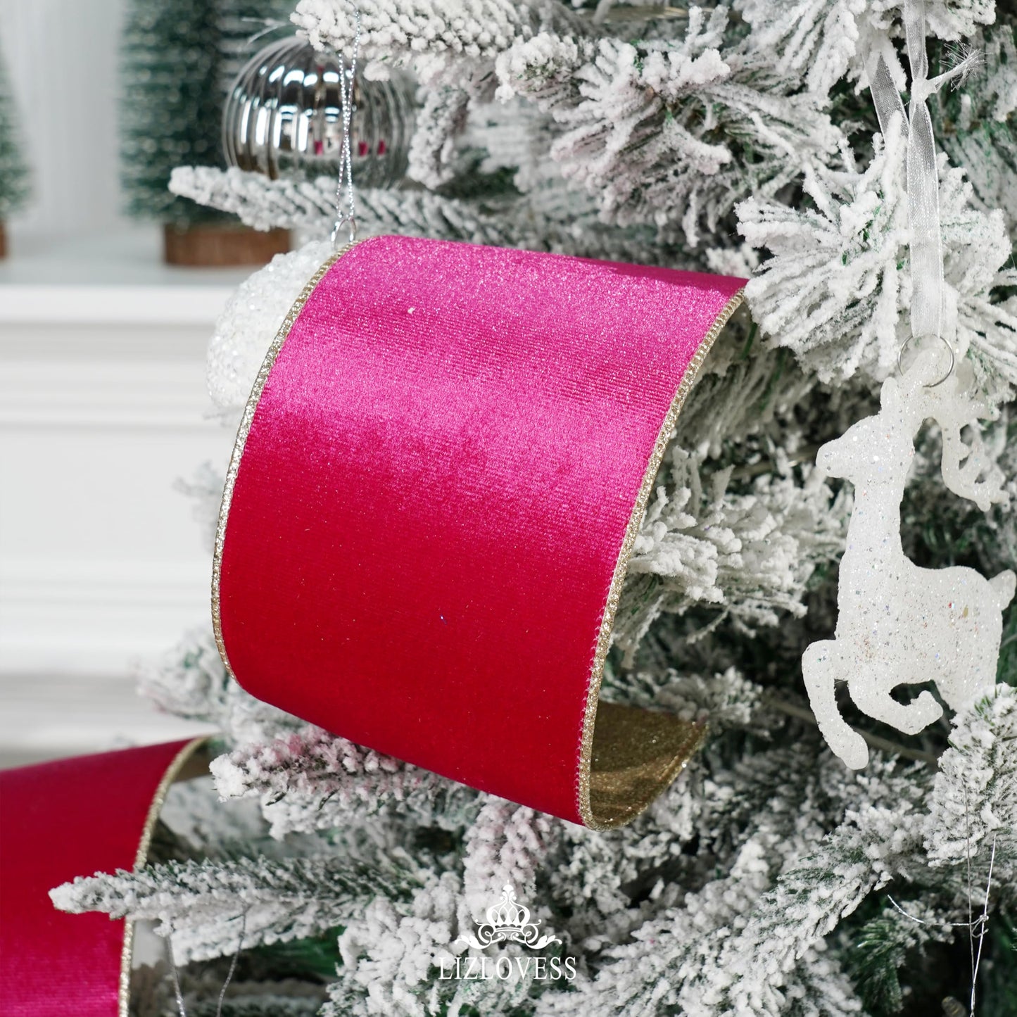 LIZLOVESS Hot Pink Velvet Wired Ribbon with Glitter Back 4 Inch Pink and Gold Christmas Ribbon Wired Fuschia Ribbon for Christmas Tree Decorations, Gift Wrapping, Wreaths Supplies, Bows (10 Yards)
