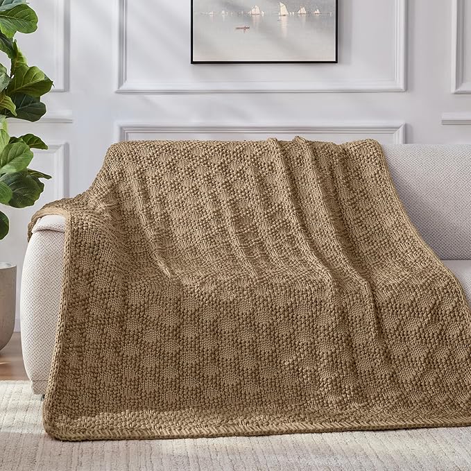 Knitted Weighted Blanket for Adult, Chunky Knit Weighted Throw for Sleep 60"*80" 15lbs, Cooling Breathable Machine Washable Fall Heavy Blanket for Room Decor (Beige, Queen)