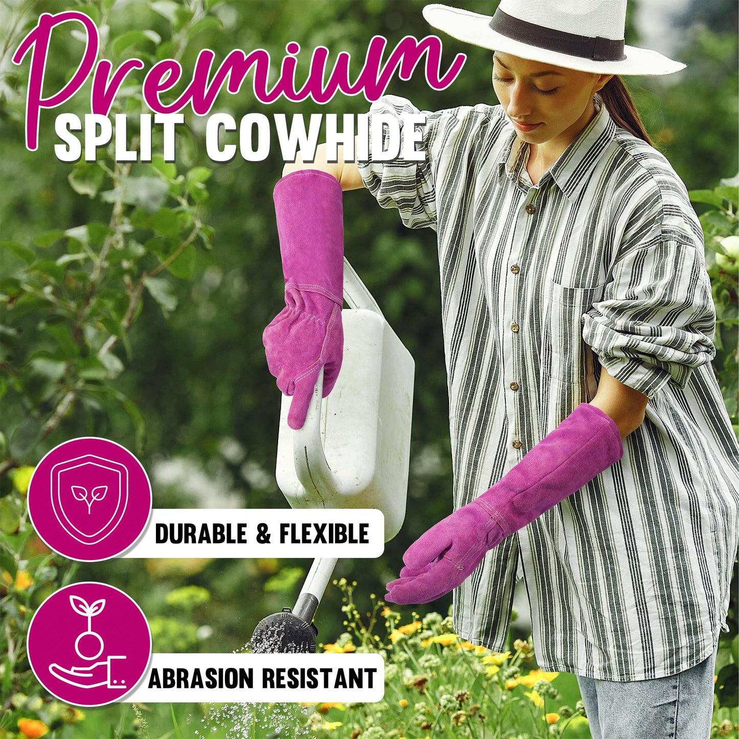 HANDLANDY Ladies Thorn Proof Gardening Gloves, Long Gauntlet Heavy Duty Garden Gloves, Elbow Length Women Leather Rose Pruning Glove (Large, Rosy)