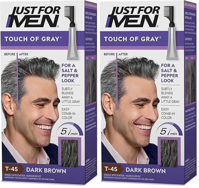 Just For Men Touch of Gray, Mens Hair Color Kit with Comb Applicator for Easy Application, Great for a Salt and Pepper Look - Dark Brown, T-45, Pack of 2