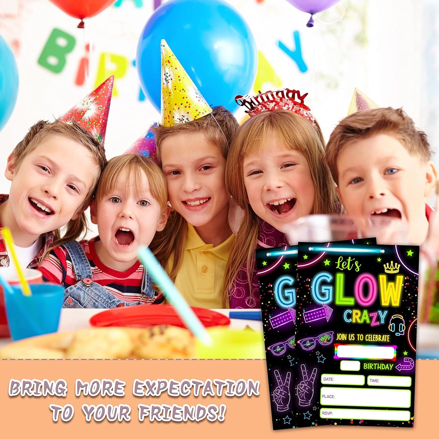 Neon Glow Invitation Birthday Party Invitations, 20-Count Let's Glow Crazy Theme Birthday Party Invites With Envelopes-HBYQK-B02