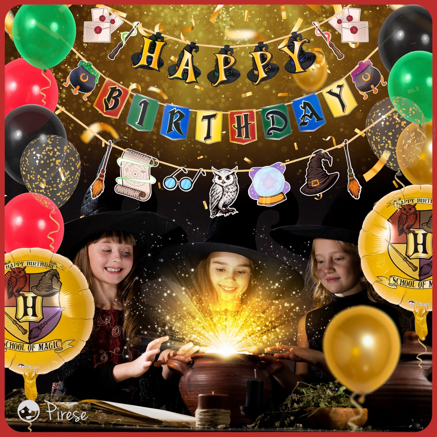 Pirese Wizard Birthday Decorations, Magical Happy Birthday Banner with Balloons, Pre-Strung Party Supplies, Gold Confetti Balloons & Unique Pirese Foil Balloon, Magical Decor for Kids & Adults