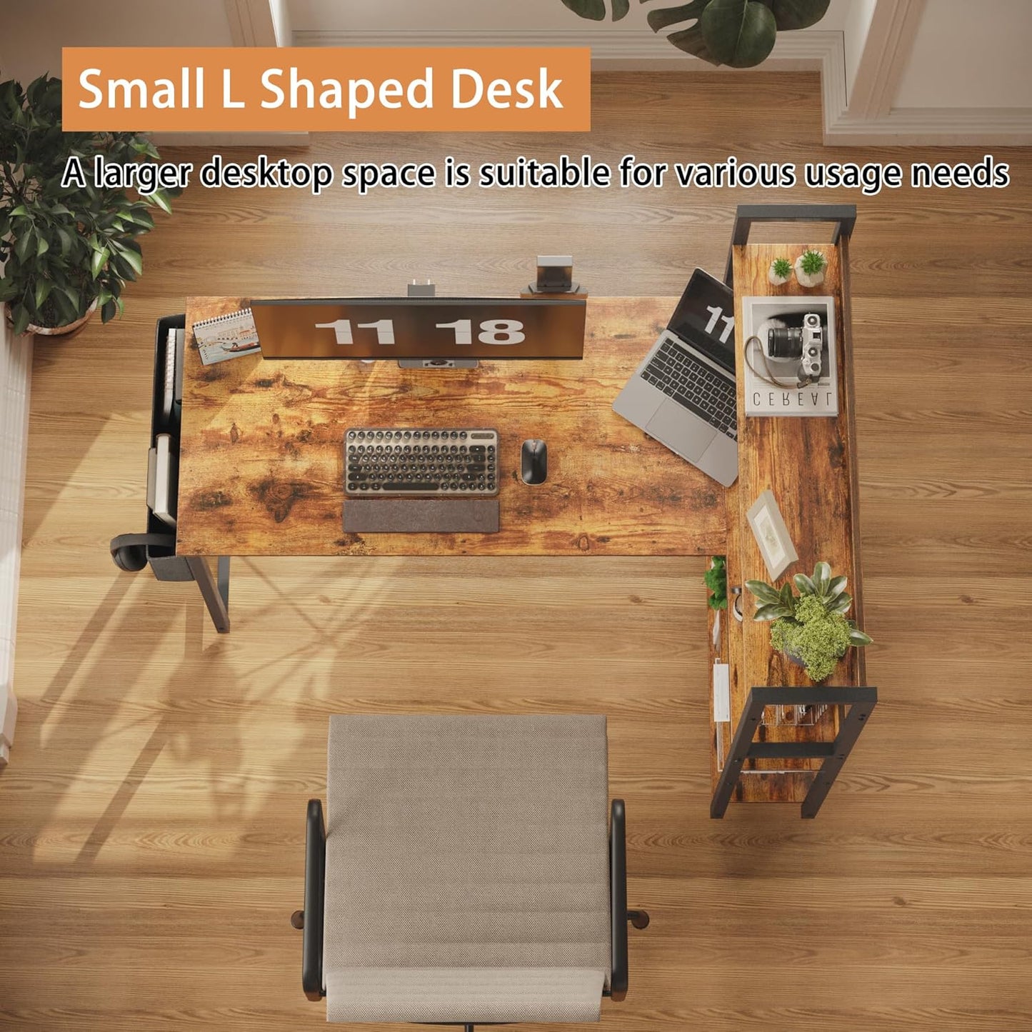 Treesland 55 Inch Computer Desk with Storage Shelves, L Shaped Desk with Storage, Corner Desk with Shelves, Home Office Desks, Bookshelf Desk, Writing Study Desk for Bedroom, Brown