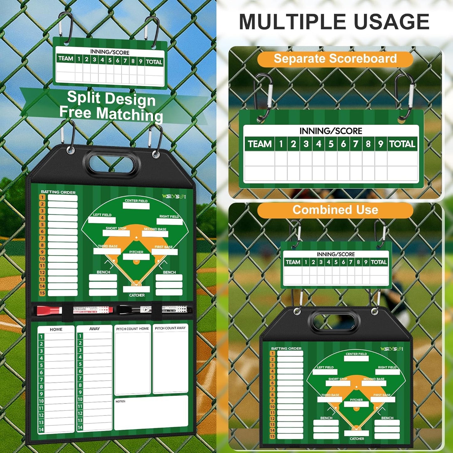 Magnetic Baseball Lineup Board for Dugout | Professional Baseball/Softball Clipboard for Coaches, Foldable | Leather Cover | Carry Handle | Detachable Scoreboard | 30 Lineup Cards