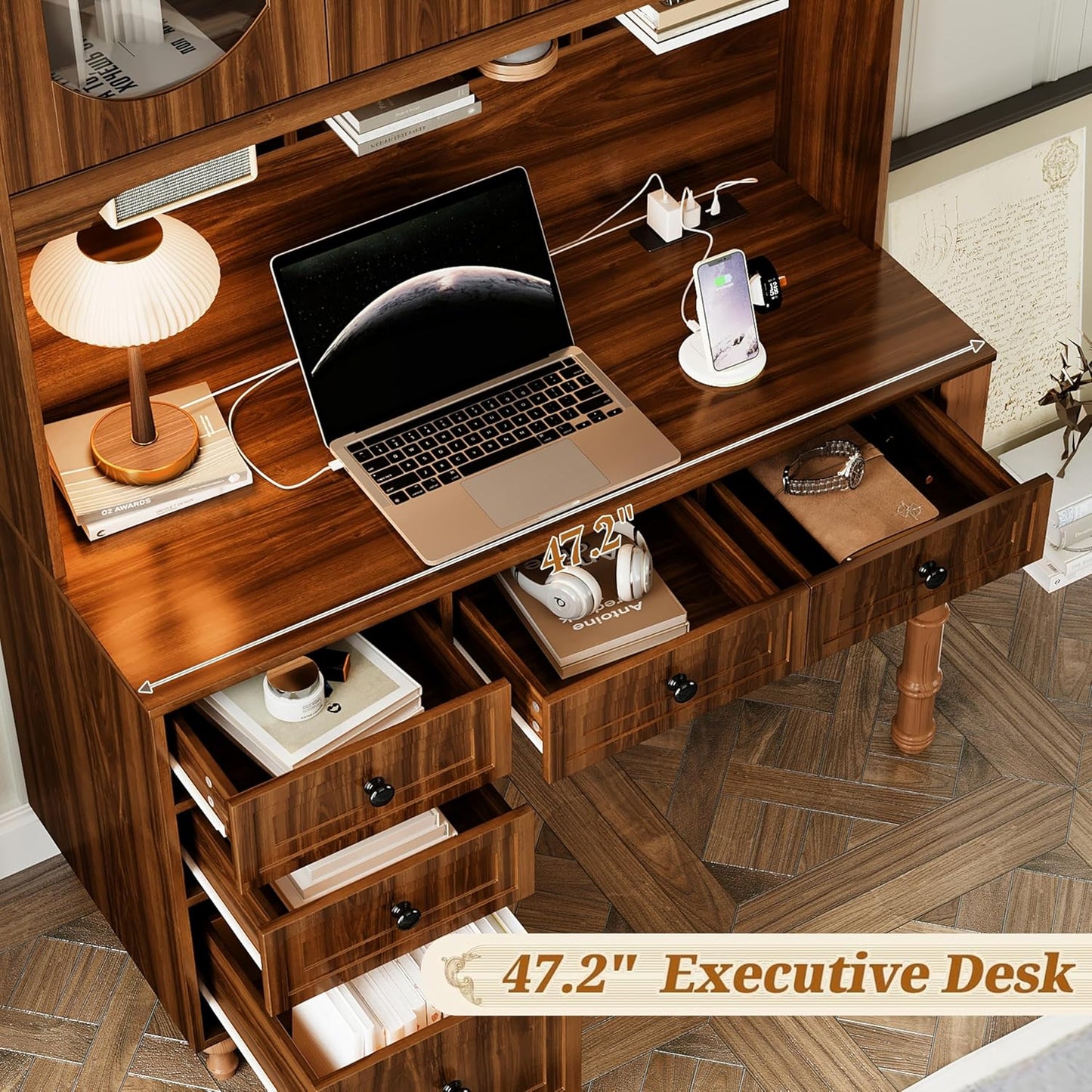 Merax 47'' Executive Desk with Charging Station and Hutch, Home Office Desk with 5 Drawers and Glass-Door Bookshelf, Retro Computer Desk for Study, Bedroom Office Furniture, Walnut