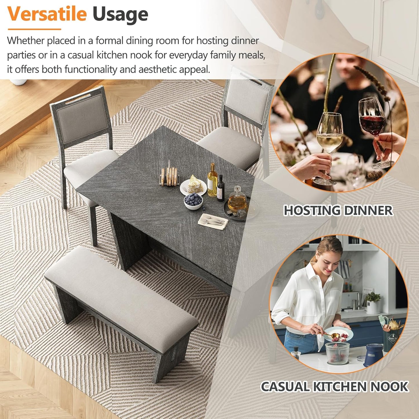 Merax 6-Piece Retro Dining Set, 1 Rectangular Table with Stable Trapezoidal Table Base and 4 Upholstered Chairs and 1 Bench for Dining Room and Kitchen, Antique Gray