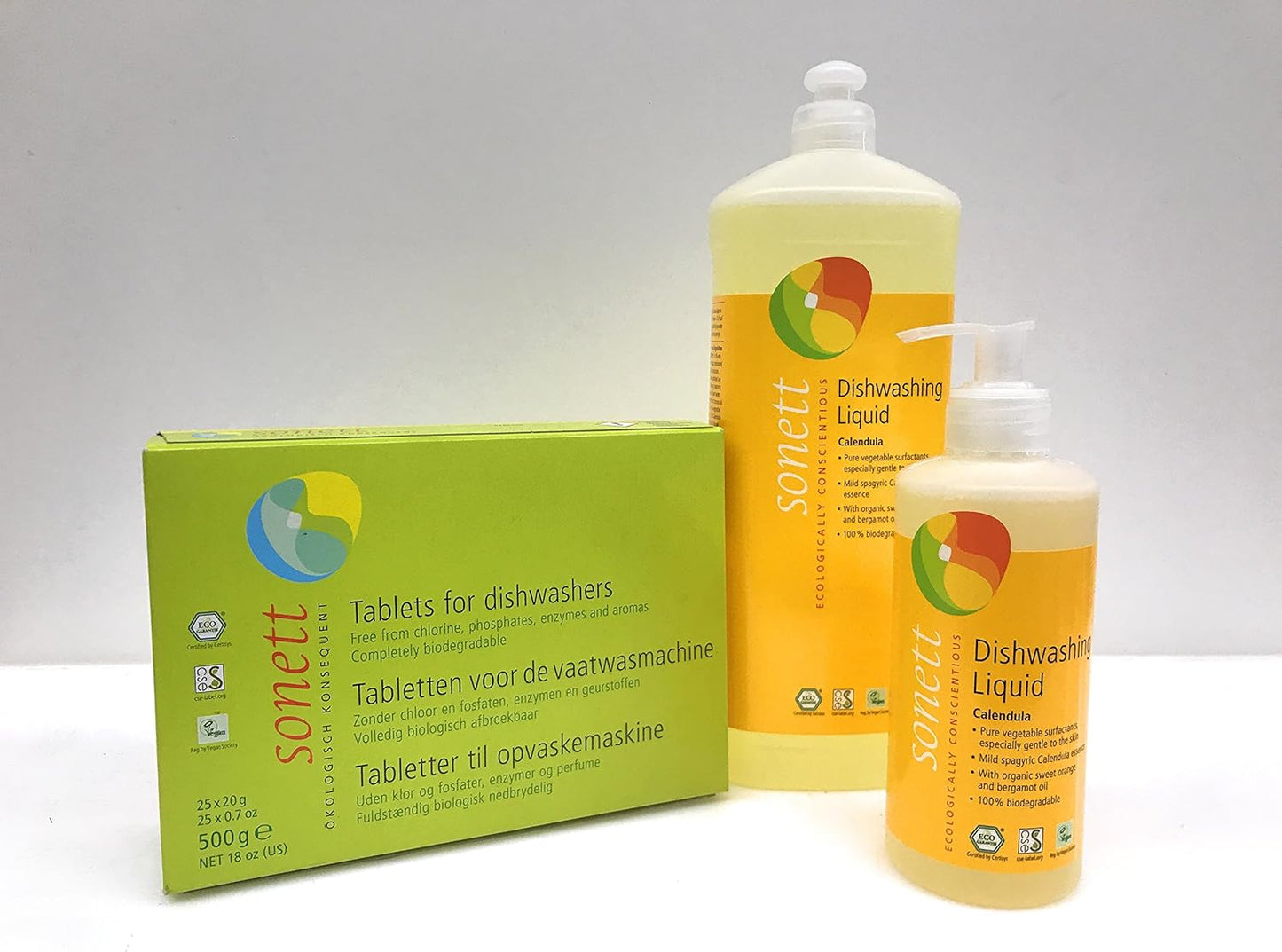 Sonett Organic Calendula Dishwashing Liquid Soap (34 and 10 fl oz) and Dishwasher Tablets (17 fl oz) Set of 3