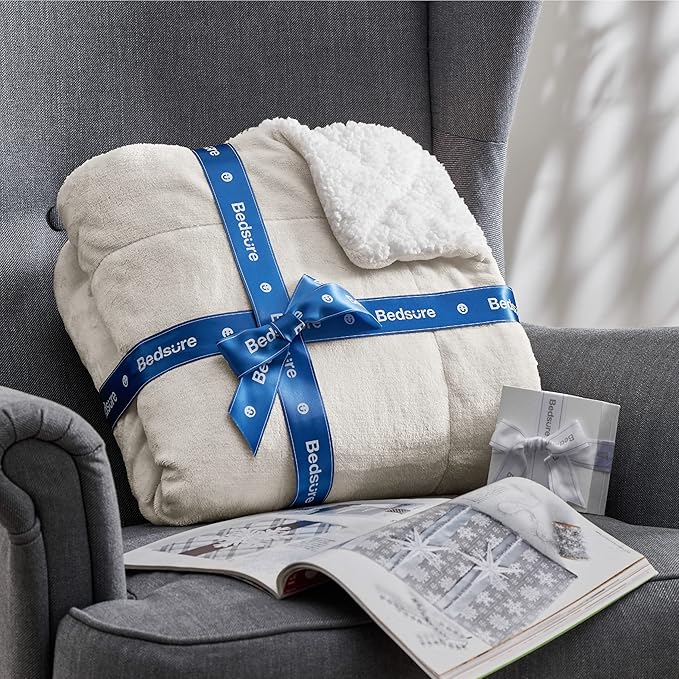 Bedsure GentleSoft Sherpa Fleece Throw Blanket Twin Size for Couch - Thick and Warm Throw for Women and Men, Soft Fuzzy Plush Twin Blanket for Winter, Non-Heated, Linen, 60x80 Inches