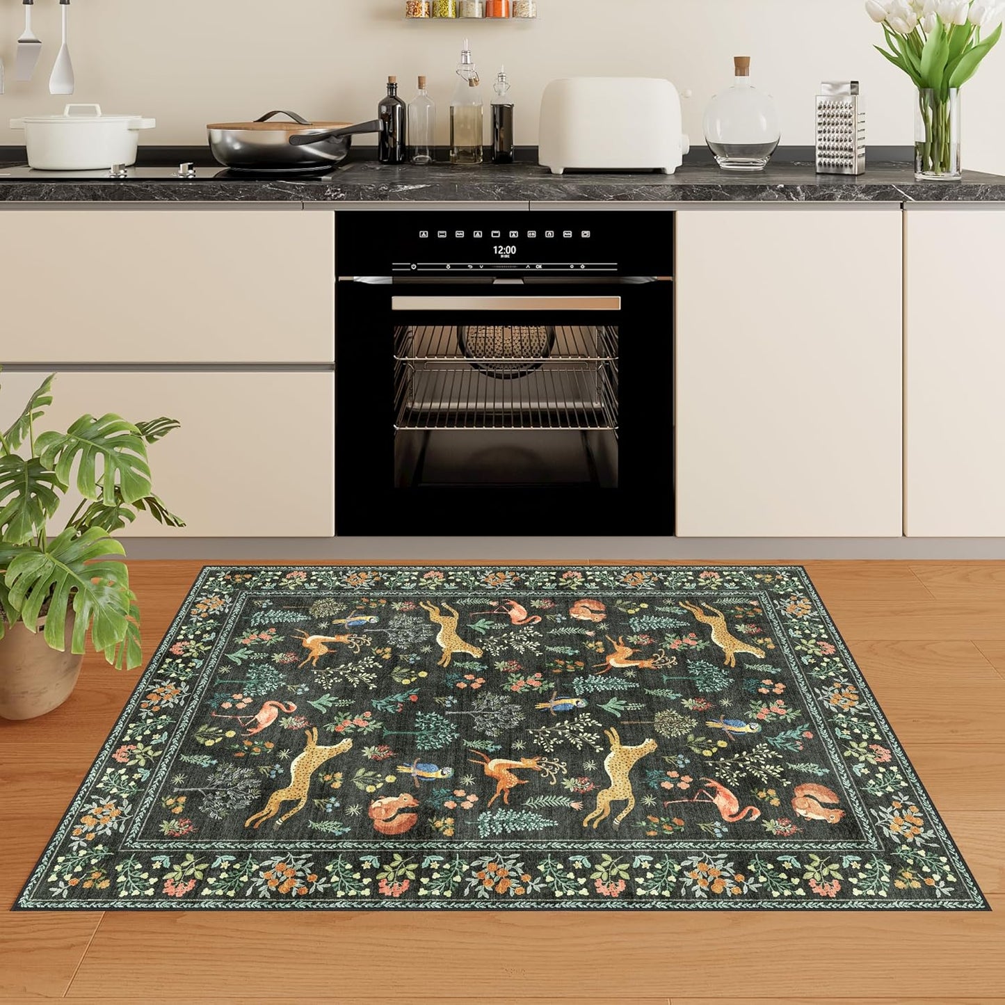DUKINO 4x6 Rug, Washable Animal Area Rug with Non Slip Vintage Design, Indoor Soft Low Pile Carpet for Bedroom, Nursery, Dining Room, Farmhouse, Playroom, Black