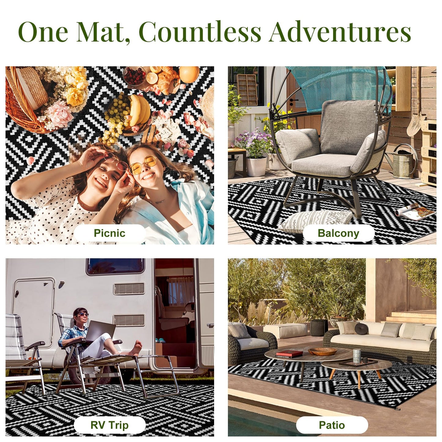 OPPODREAM Outdoor Rug 8x10 Patio Waterproof, Large Outdoor Plastic Straw Rug, Reversible Out Door Carpet for Camping, Deck, Rv, 8 x 10 Area Carpet for Balcony, Porch, Backyard, Black and White
