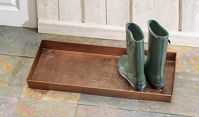 HF by LT Townhouses Pattern Metal Boot Tray, 30 x 13 inches, Antique Copper Finish