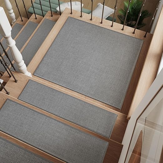 PADOOR Stair-Treads Landing Mat Non Slip Indoor, Square Stair-Runners for Wooden Steps Rubber Backing, Reusable Carpet Stair Treads, Durable Stair-Carpet Treads for Kids and Dogs 31"x31" Grey