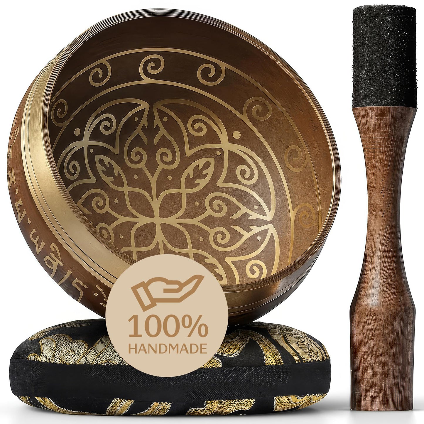 Handmade Tibetan Etched Singing Bowl Set - Sound Bowl & Meditation Bowl with Cushion, Mallet & Guide - Stress Relief Instruments