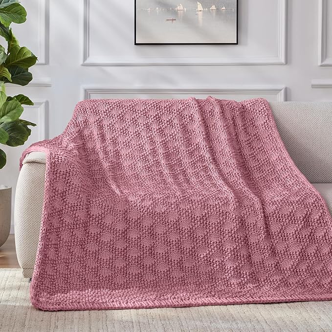 Knitted Weighted Blanket for Adult, Chunky Knit Weighted Throw for Sleep 40"*60" 7lbs, Cooling Breathable Heavy Blanket for Hot Sleepers, Machine Washable Blanket for Room Decor(Pink)