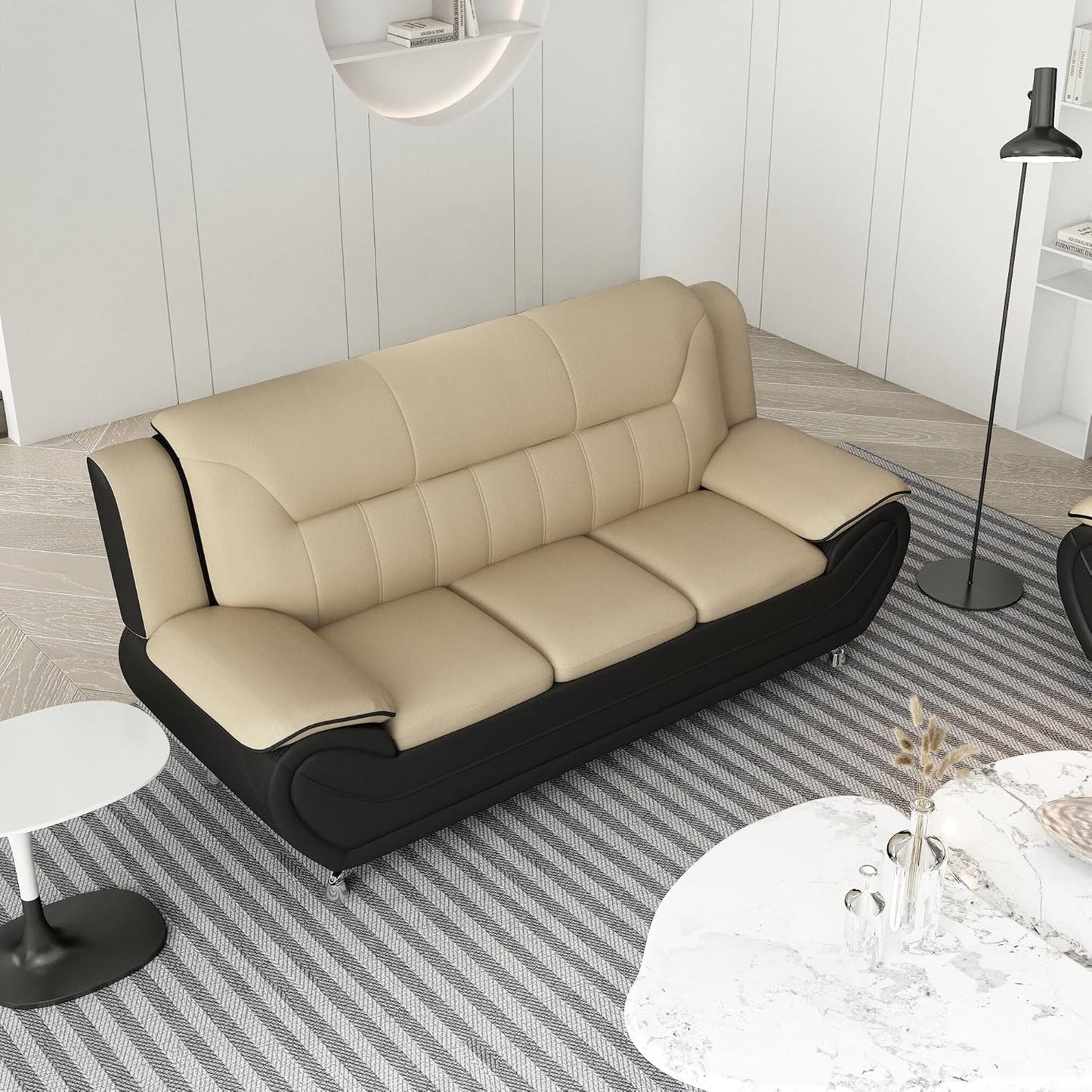 Container Furniture Direct Michael Modern Faux Leather Upholstered Stainless Steel Legs Living Room Sofa, Camel/Black
