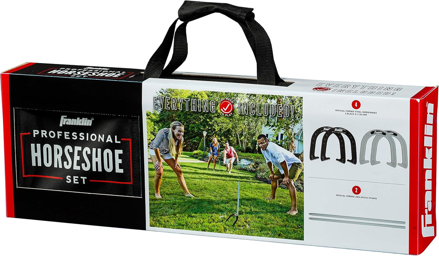 Franklin Sports Horseshoes Sets - Metal Horseshoe Game Sets for Adults + Kids - Official Weight Steel Horseshoes - Beach + Lawn Horseshoes Sets - Sets Include (4) Horseshoes and (2) Ground Stakes