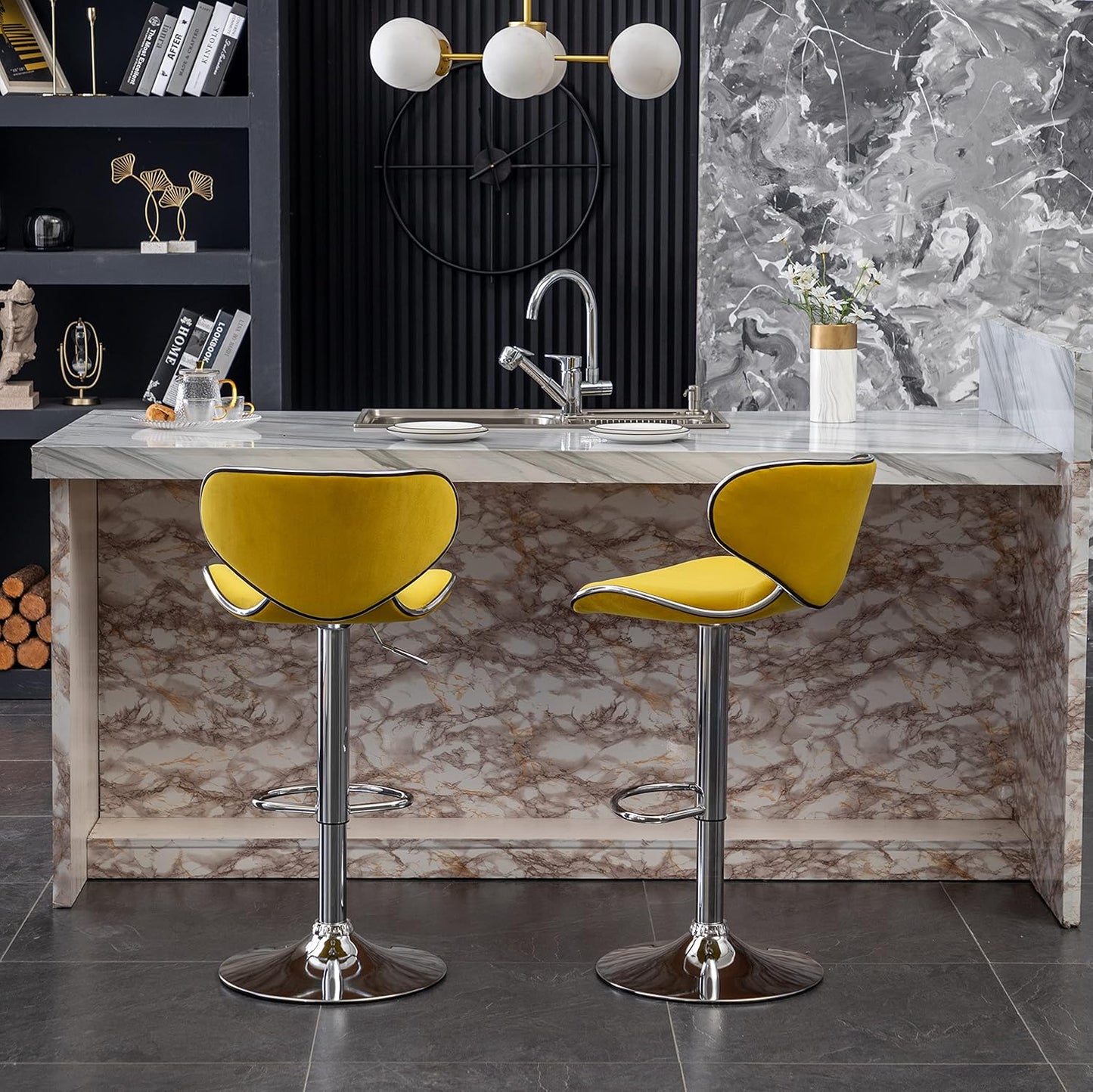 Roundhill Furniture Masaccio Velvet Upholstered Adjustable Swivel Barstool, Set of 2, Yellow