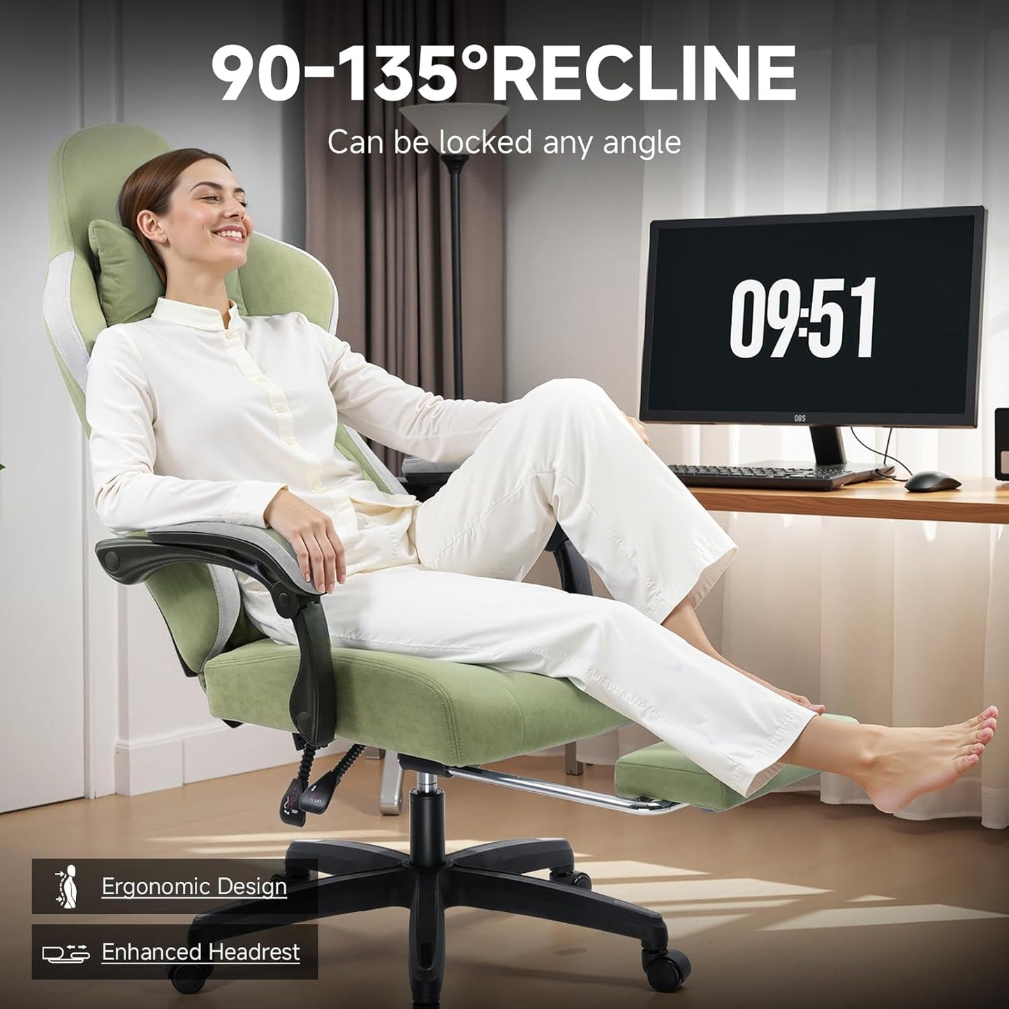 Office Chair, Gaming Computer Desk Fabric Chair with Footrest, High Back Ergonomic Office Chair with Pocket Spring Lumbar Support and Linkage Armrests Adjustable Height Swivel for Home Task