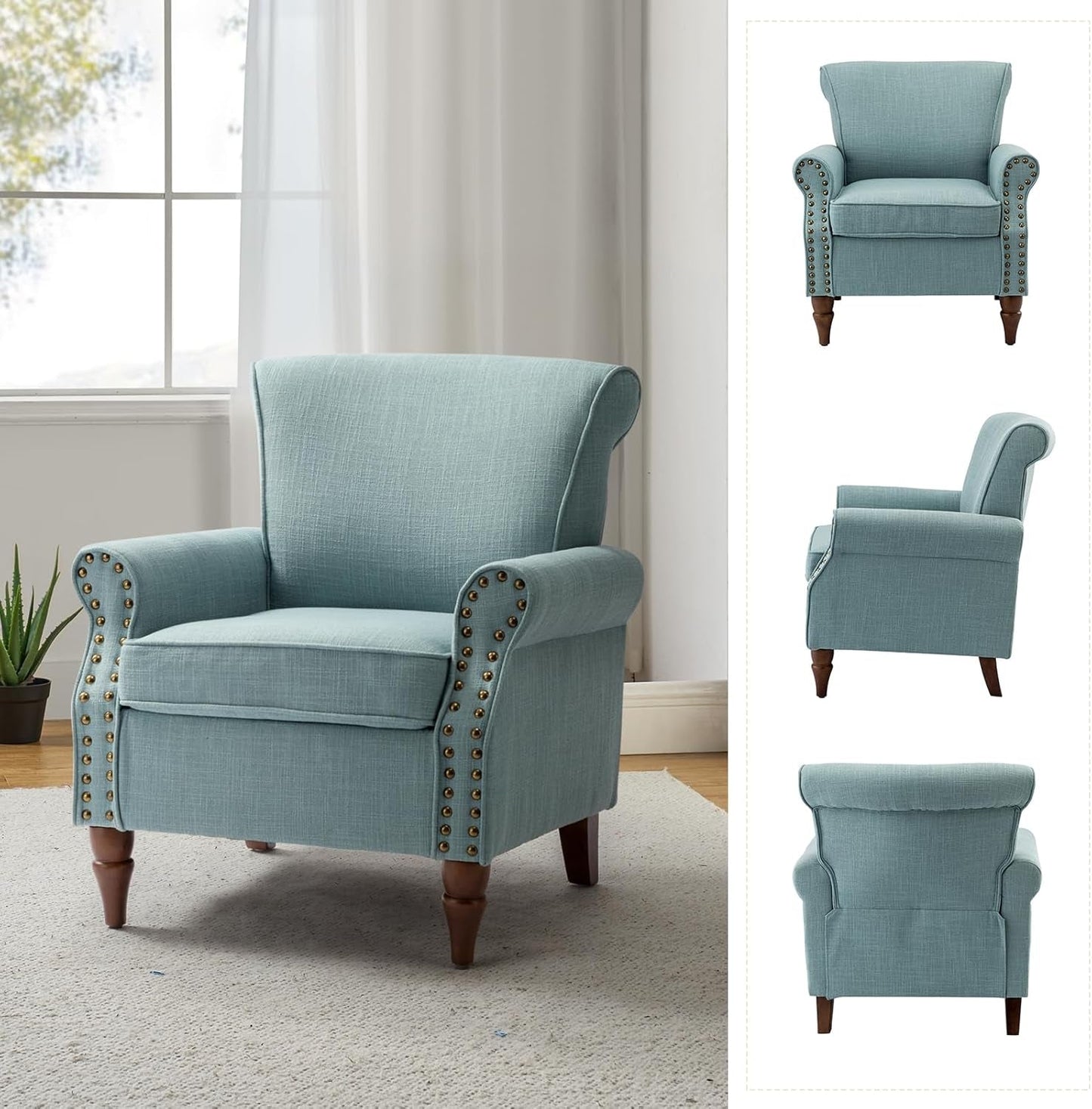 Accent Chair with Wood Legs & Removable Cushion, Modern Wingback Armchair with Nailhead Trim, Comfy Upholstered Lounge Chair, Single Sofa Chairs for Living Room Bedroom, Blue