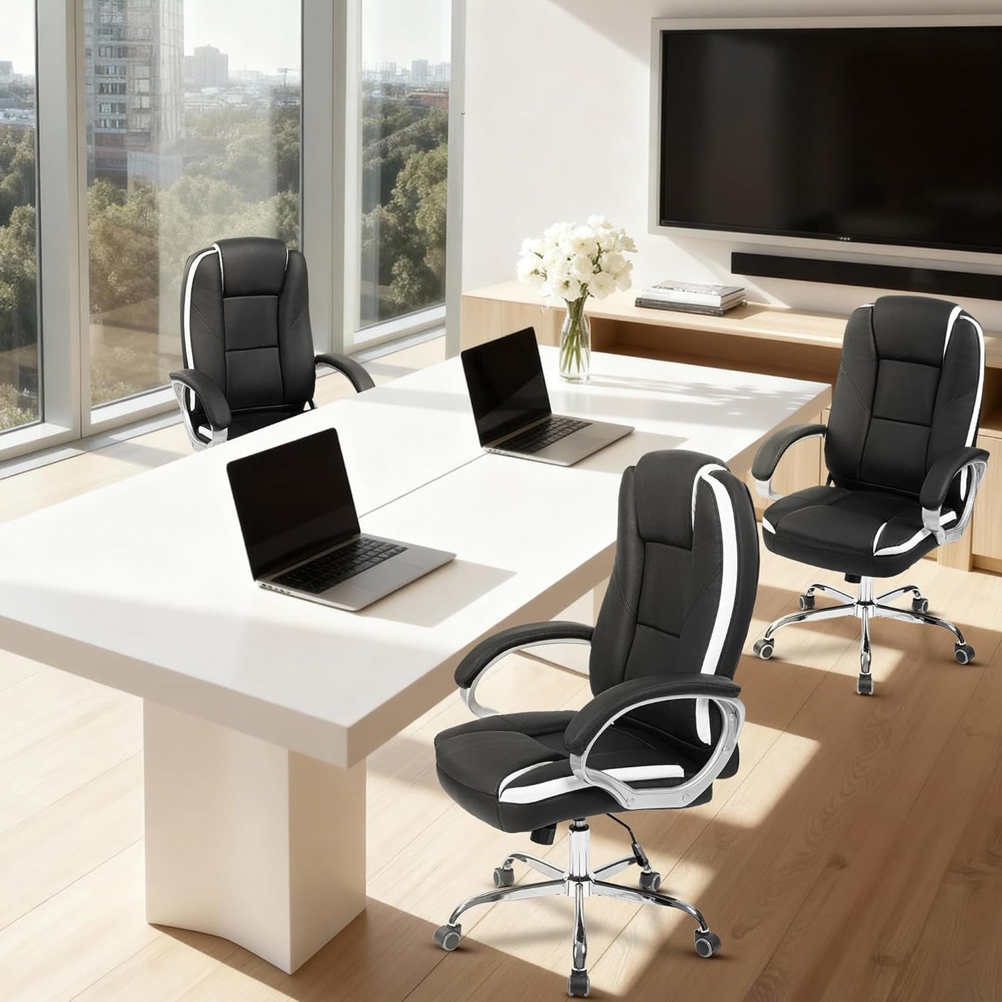 Office Desk Ergonomic Gaming Chair High Back Adjustable Computer Chair with Wheels and Lumbar Support Comfy Leather Executive Swivel (Black)