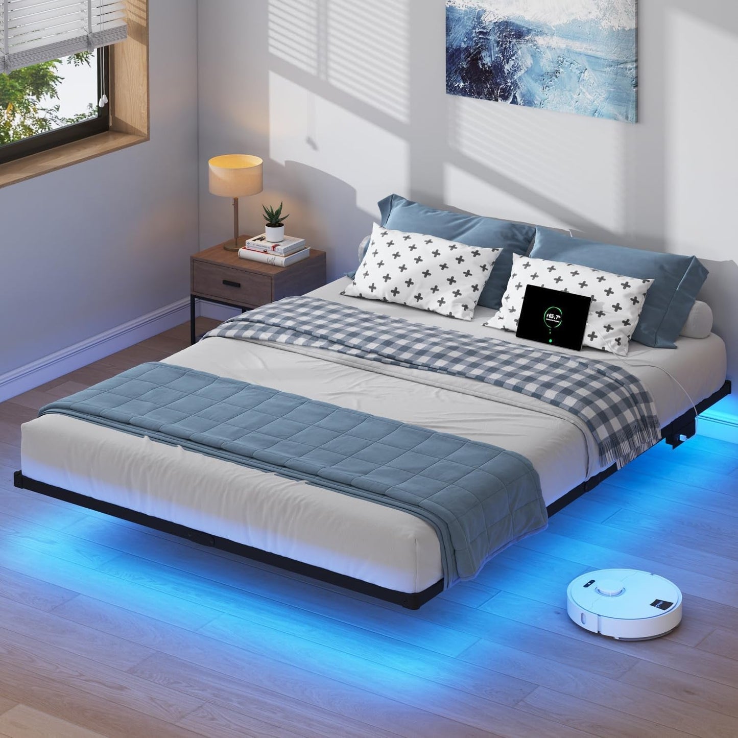 Floating Bed Frame Full with LED Lights and Charging Station - 8 Inch Platform Bed Frame No Box Spring Needed, Easy Assembly