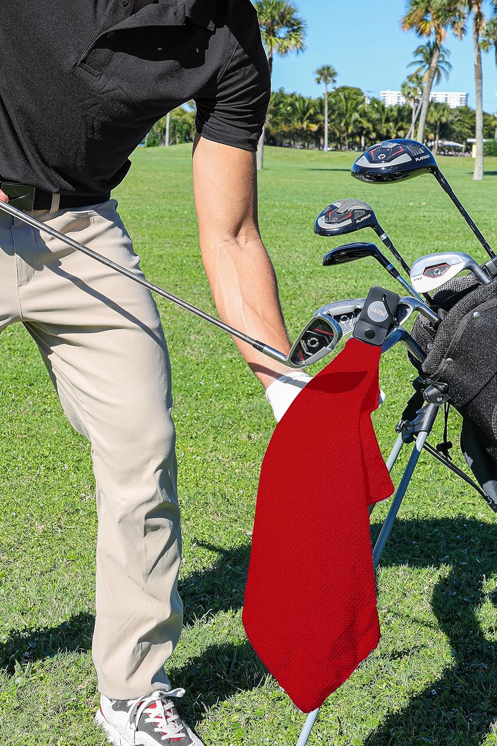 Magnetic Golf Towels for Golf Bags with Clip & Ultra Strong Magnet - Waffle Weave Microfiber Towel for Secure Hold on Bags & Carts - Ideal Club Cleaner & Accessories - Red
