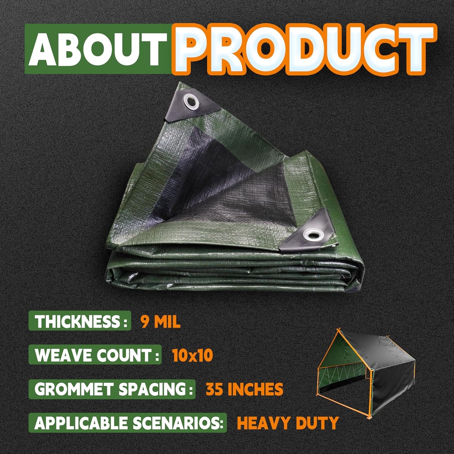 12x16 Feet Tarp Waterproof,9Mil Thick,Finished Size Tarps,UV Resistant,Durable,Multipurpose Poly Tarp Cover with Metal Grommets and Reinforced Edges,Green/Black by RAINDEWAY