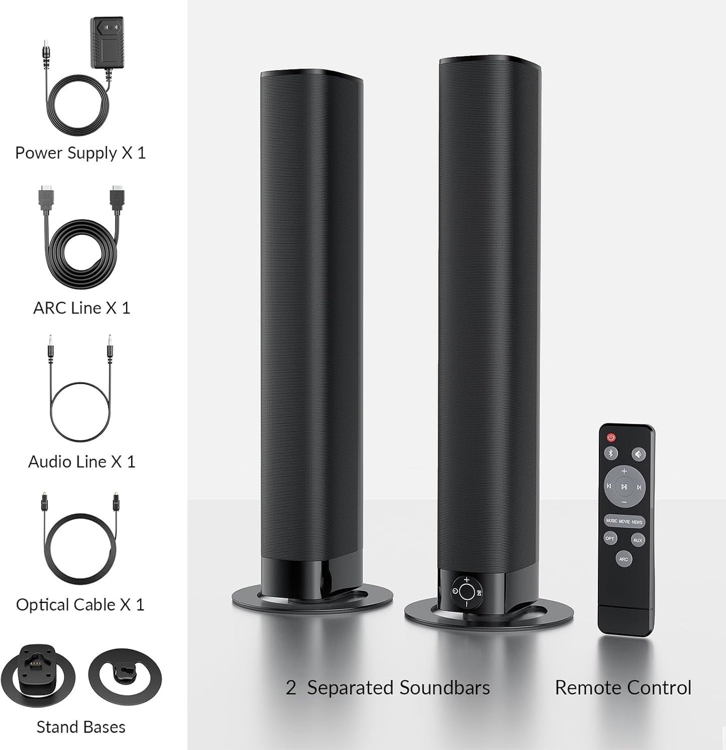 Sound Bar for Smart TV, 80W Soundbar with Bluetooth/Arc/Opt/Aux Connect, Dynamic Volume Boost, 3 Equalizer Modes, 2 in 1 Detachable Soundbar for Tv/Pc/Gaming/Projectors