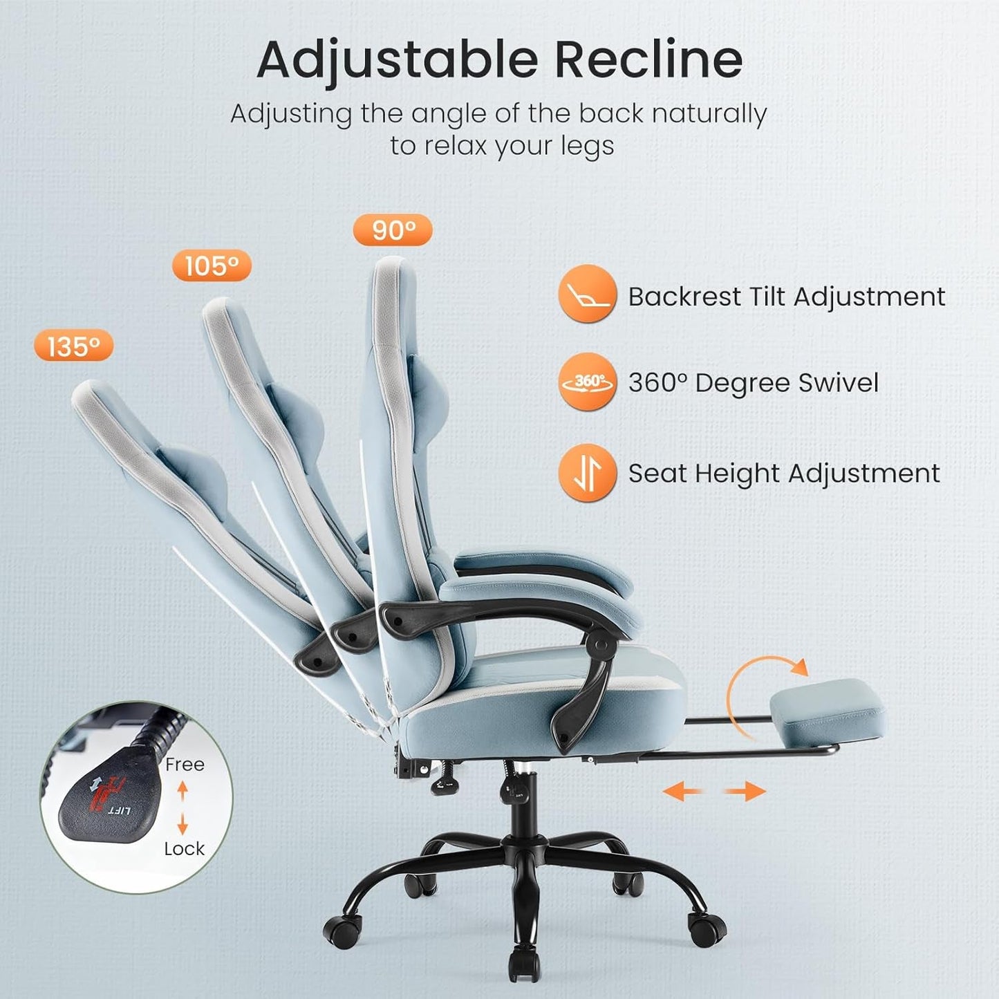Office Chair - High Back Ergonomic Desk Chair with Footrest and Lumbar Support, Height Adjustable Task Chair with Linkage Armrests and Headrest, 360° Swivel Wheels, Blue