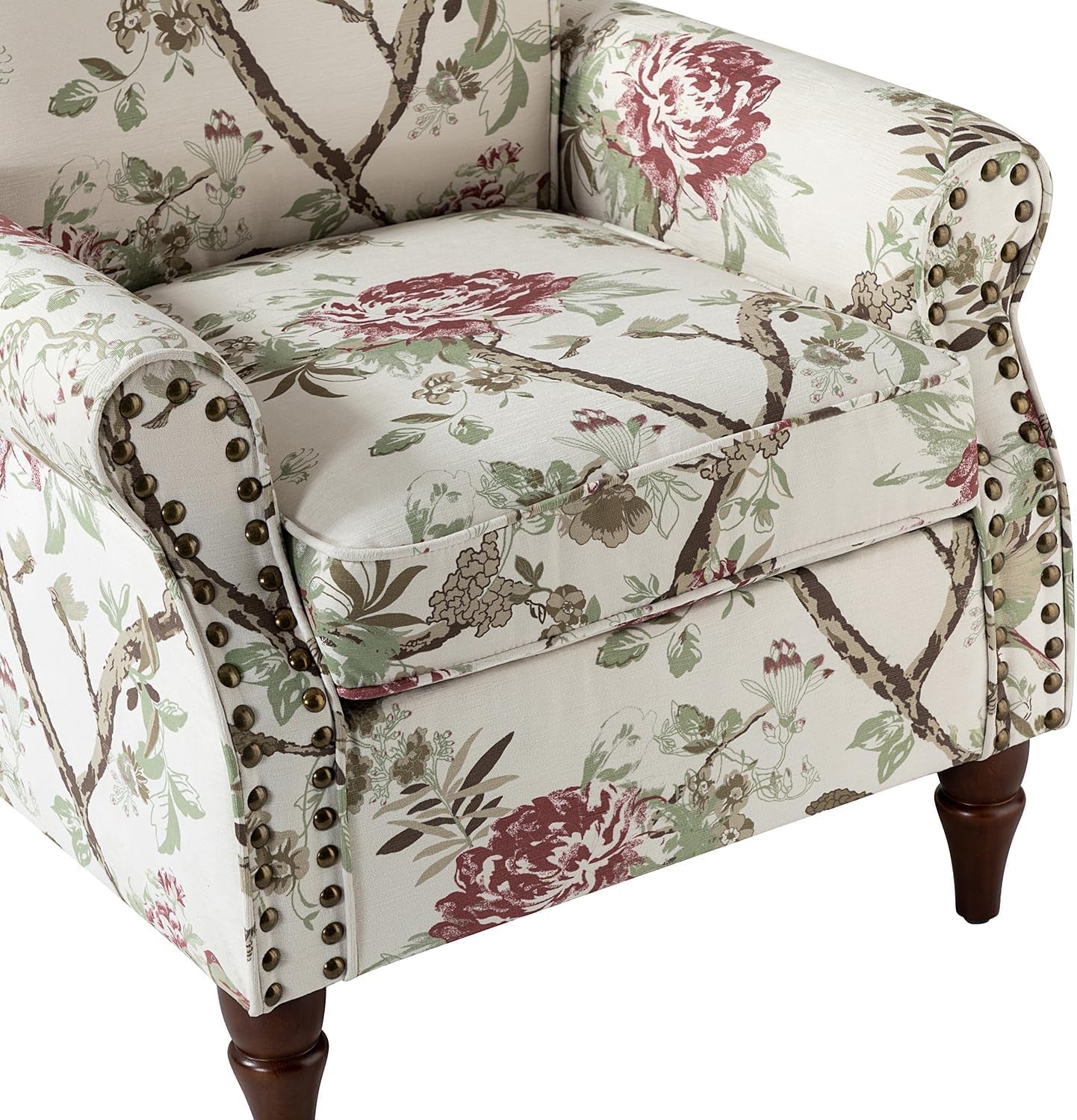 Modern Wingback Accent Chair with Wood Legs & Removable Cushion, Comfy Upholstered Armchair with Nailhead Trim, Floral Pattern Sofa Chair for Bedroom Living Room, Floral
