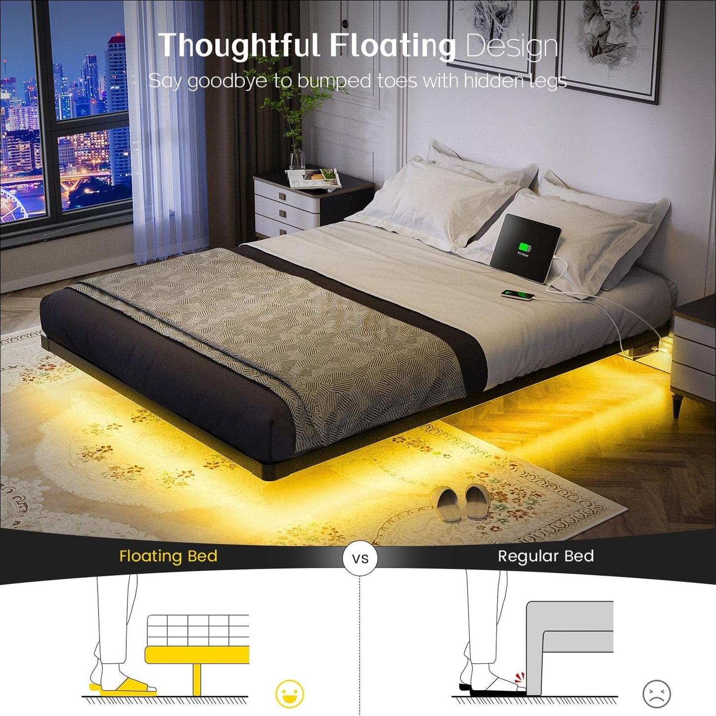 Floating Bed Frame Full Size with Smart LED Lights and Charging Station - Modern Metal Platform Bed, Easy Assembly No Box Spring Needed
