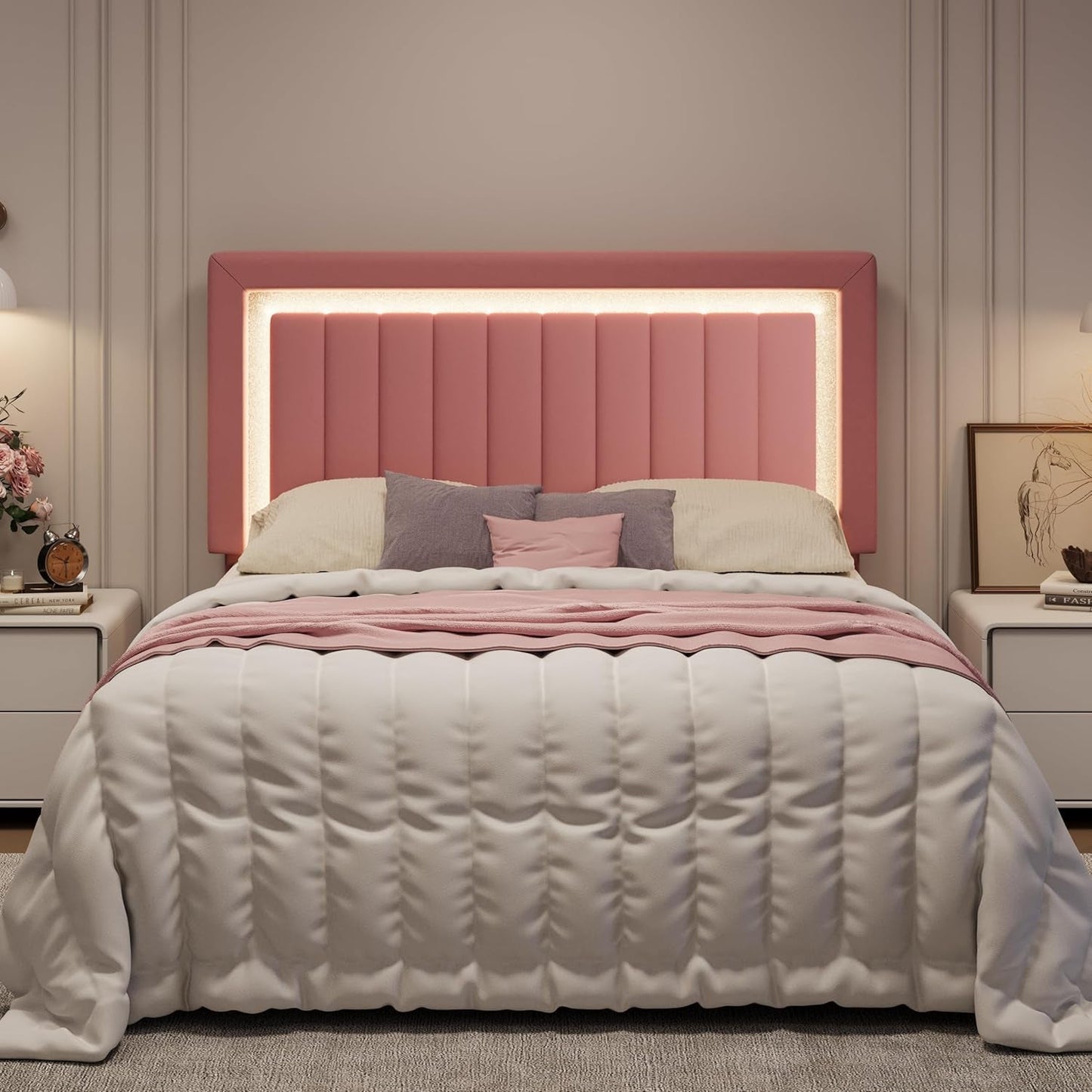 Queen Size Velvet Bed Frame with LED Light, Adjustable Vertical Channel Tufted Headboard, Strong Wooden Slats Support, Noise-Free, No Box Spring Needed, Pink
