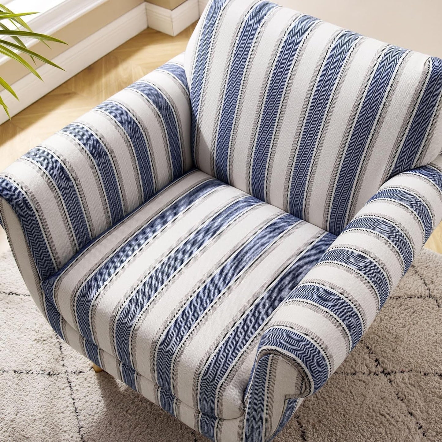 Mid-Century Accent Chair with Stripe Pattern, Modern Linen Fabric Armchair with Wood Legs, Club Chair for Living Room, Comfy Upholstered Side Chairs for Bedroom, Reading, Small Place (Navy)