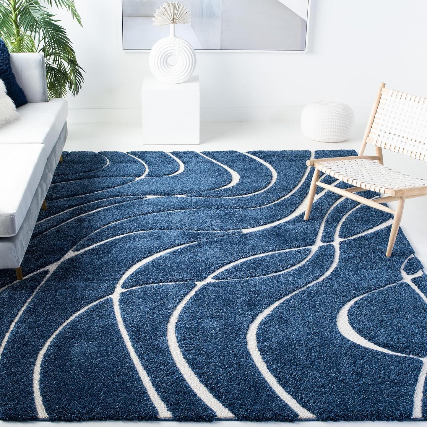 Florida Shag Collection Area Rug - 6' X 9', Navy & Ivory, Non-Shedding & Easy Care, 1.2-Inch Thick Ideal for High Traffic Areas in Living Room, Bedroom (SG471-6512)