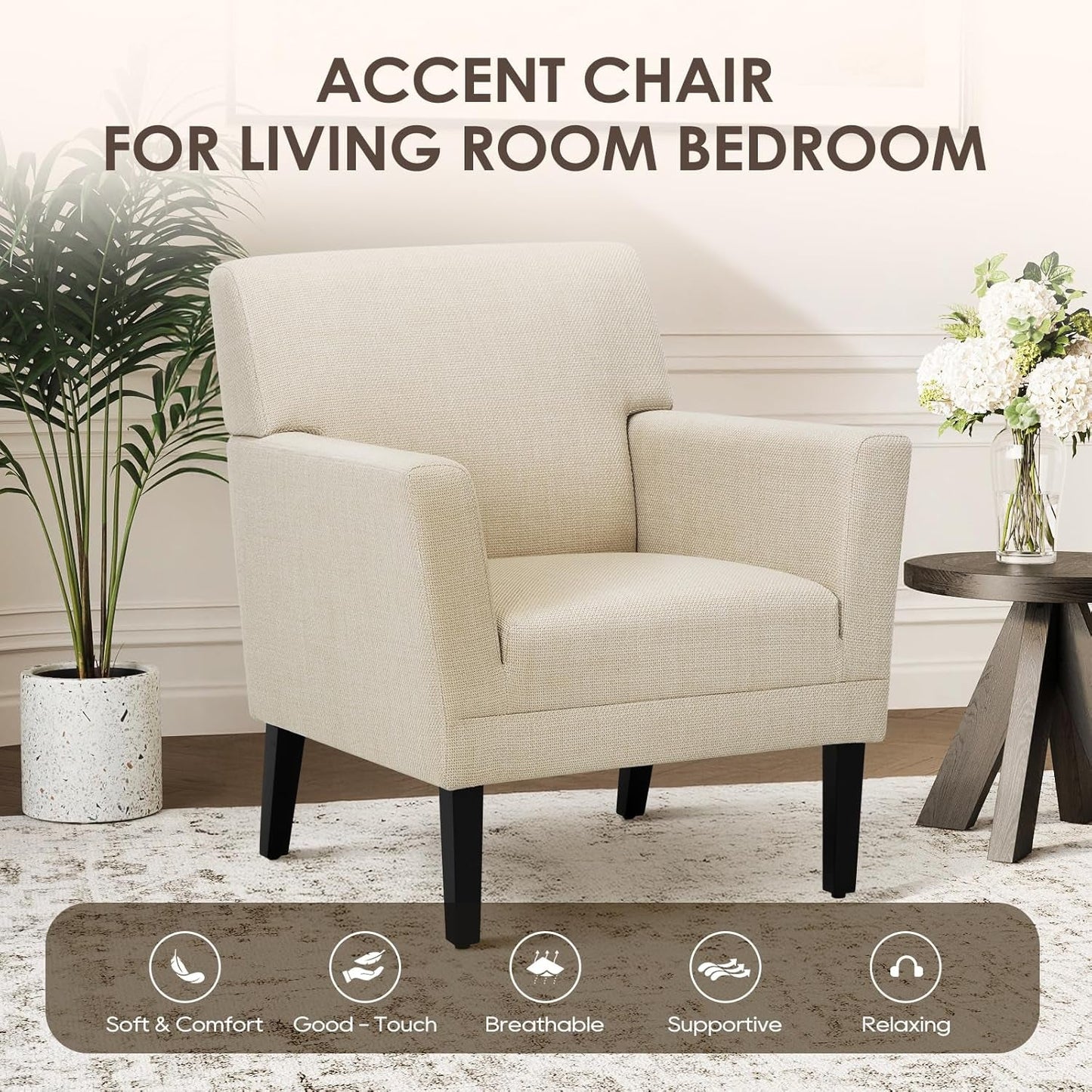 Accent Chair Set of 2 for Living Room, Modern Upholstered Fabric Accent Armchair with Back, Soft Single Sofa Chair with Arms for Bedroom/Office/Reception Room, Oatmeal