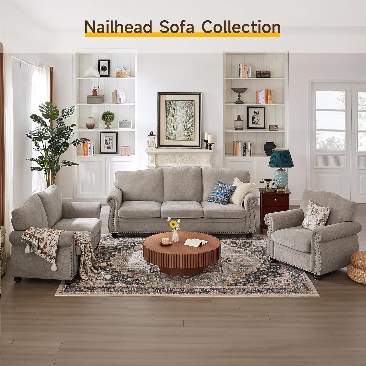 Nailhead Trim Armchair, Rolled Arm Accent Chair for Living Room, Comfy Chenille Club Sofa Chair W/Springs Cushions & Wood Legs, Traditional Single Couch Chair for Apartment, Farmhouse, Beige
