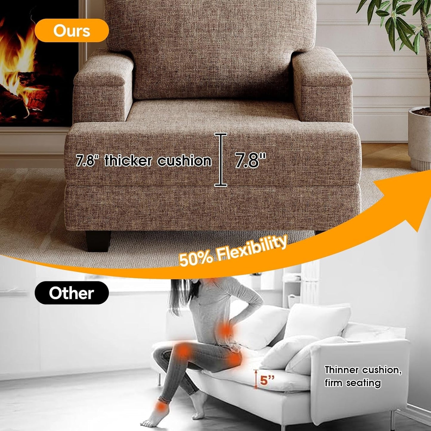 Oversized Accent Chair with Armrest Organizer,Comfy Living Room Chairs with 7.8'' Cushion,Upholstered Mid-Century Armchair,Large Reading Chair for Bedroom Living Room,Office,Chenille,Brown