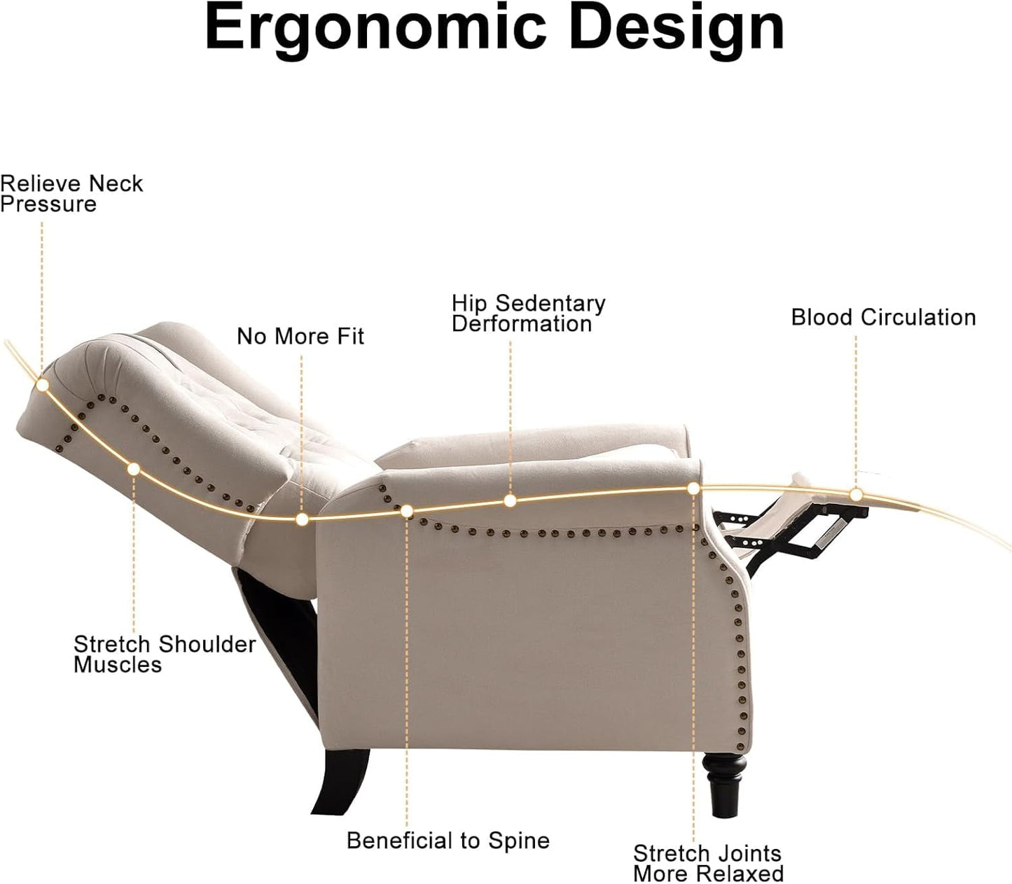 Pushback Recliner Chair, Fabric Armchair Push Back Recliner with Rivet Decoration, Mid Century Wingback Accent Chair for Living Room, Bedroom, Beige