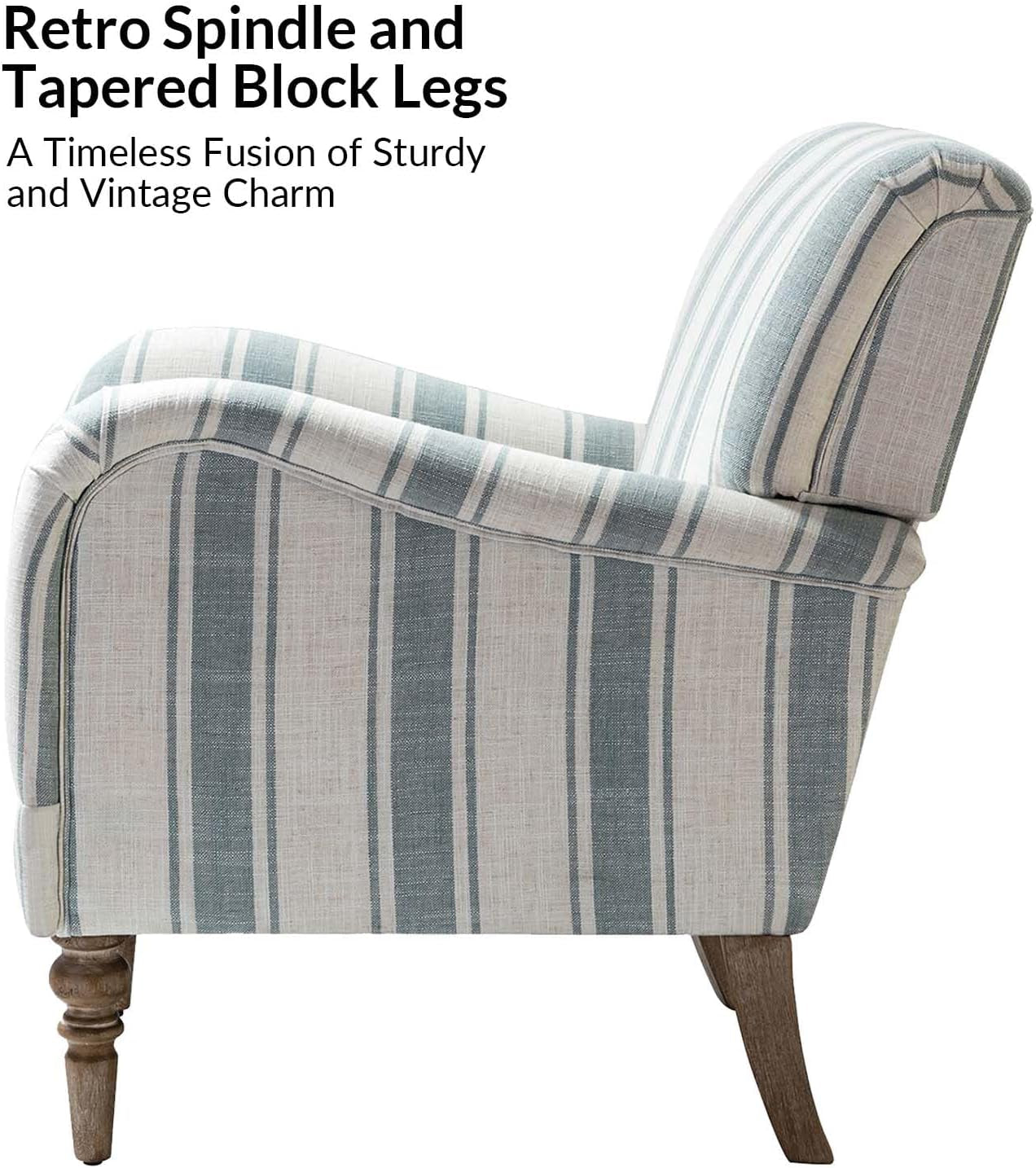 Modern Accent Chair with Arms and Wooden Legs, Comfy Upholstered Armchair for Living Room, Bedroom (Stripe Pattern, Blue)