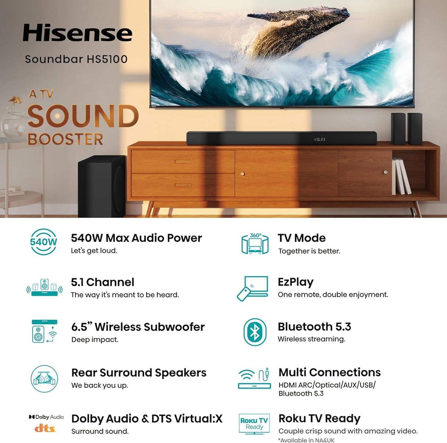 HS5100 5.1Ch Sound Bar with Wireless Subwoofer, 540W, Dolby Digital Plus, Bluetooth 5.3, Ezplay, Roku TV Ready, DTS: X, Hdmi/Aux/Arc/Optical/Usb (HS5100, 2024 Model)