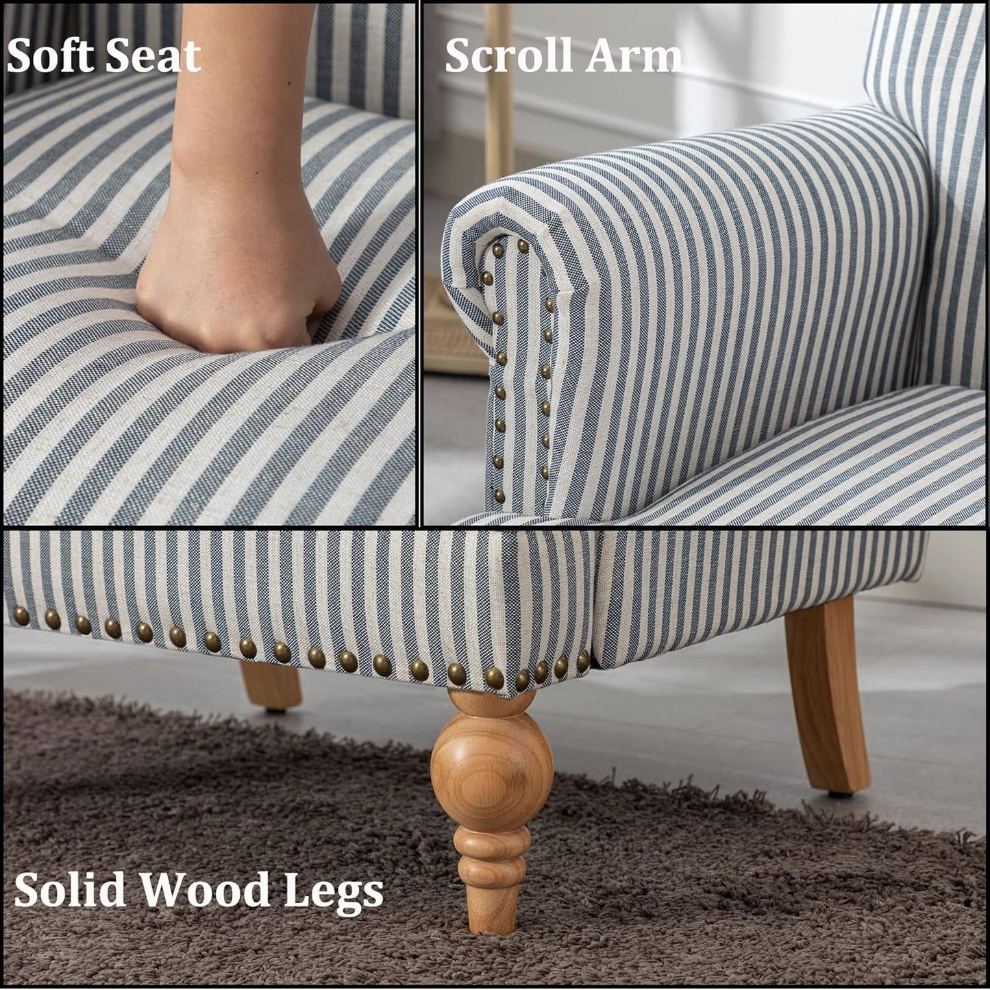Mid Century Modern Accent Chair Linen Fabric Armchair Wide Reading Chairs Upholstered Lounge Chair for Bedroom/Living Room/Reception Room, Blue Stripe