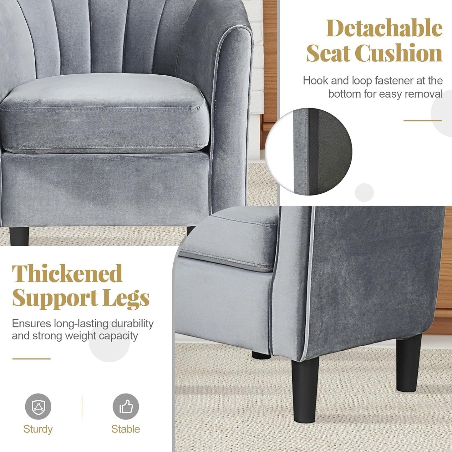 Accent Chair with Ottoman, Upholstered Velvet Club Barrel Reading Chair with Footrest Modern Comfy round Barrel Chairs for Bedroom, Living Room, Small Reading Spaces (1, Grey)