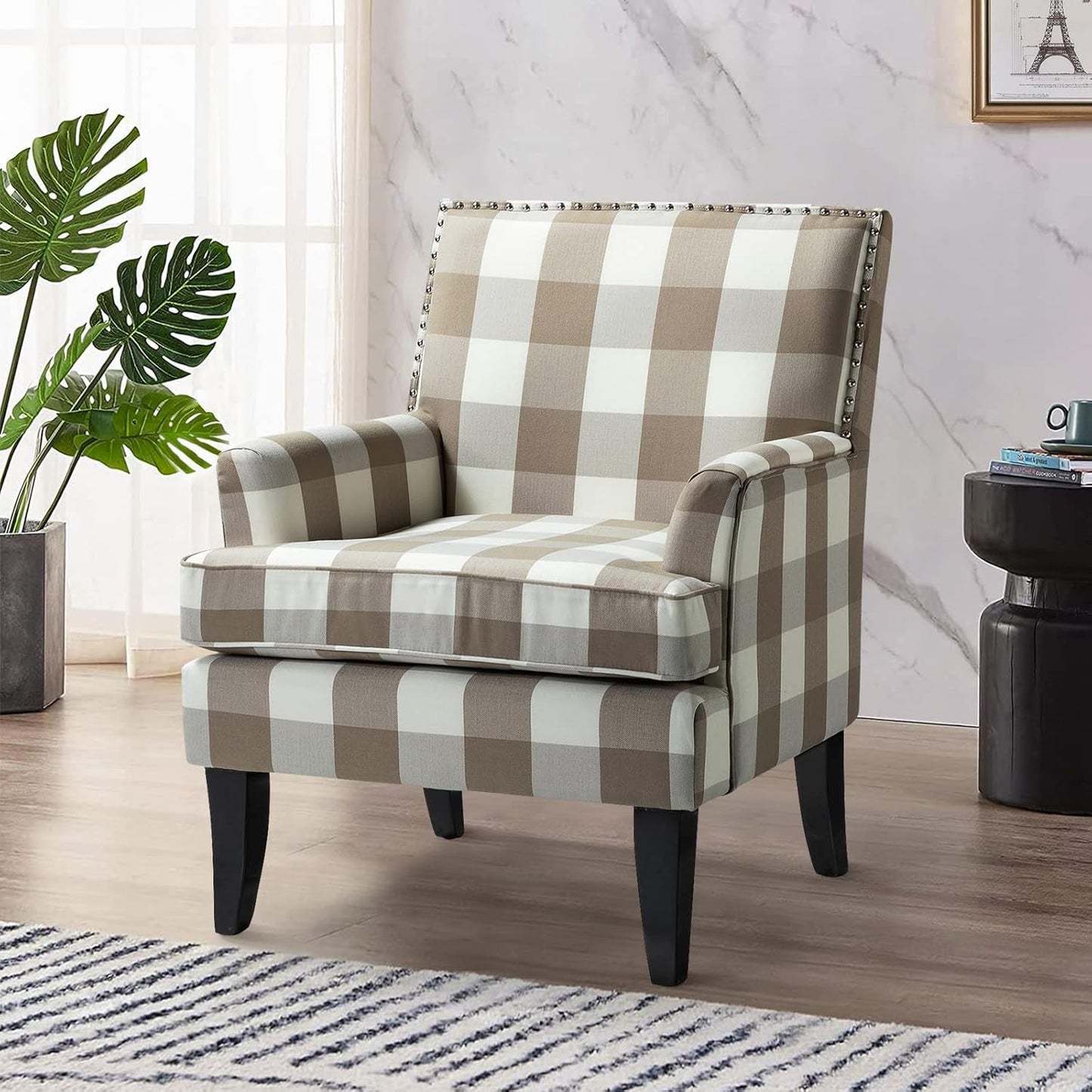 Modern Accent Chair with Arms and Wooden Legs, Mid Century Accent Chair Armchair High Back Rest, Padded Armrest and Comfortable Cushioned Seat for Living Room (Buffalo Beige)